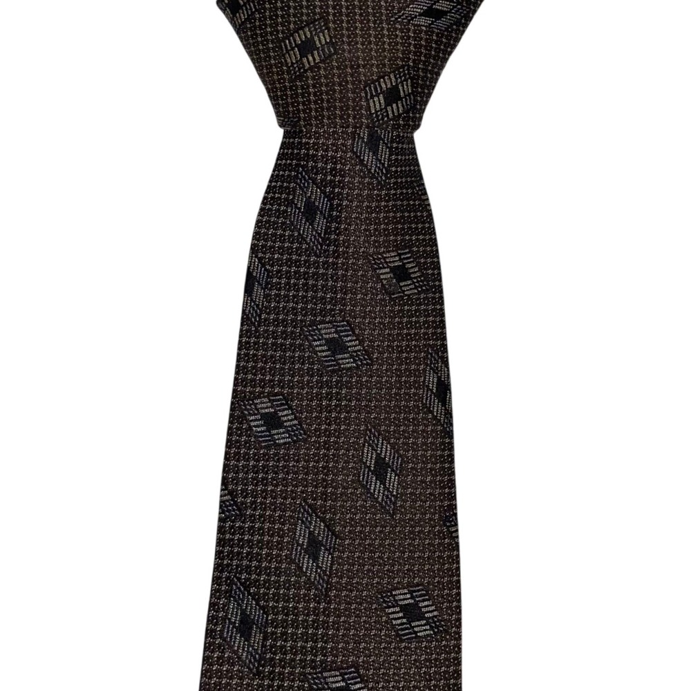 VINTAGE Gianni Versace Mens Silk Tie Brown Grey Geometric Diamond Made in Italy